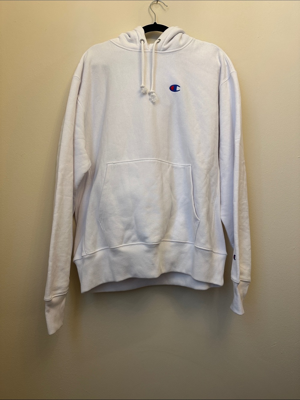 Champion White Pullover Reverse Weave Drawstring Hoodie Small Script Logo Sz L
